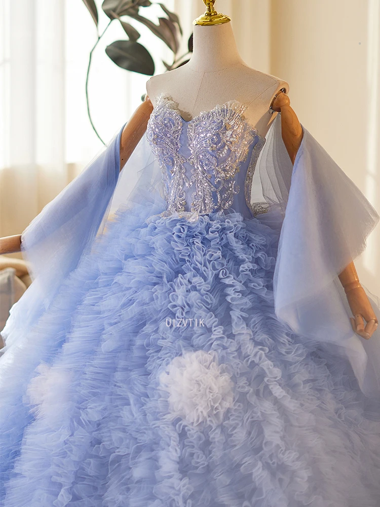 Luxury Strapless Blue Ruffle Ball Gown Elegant Tulle Wedding Photography Dress Customized Party Evening Special Occasions Gown