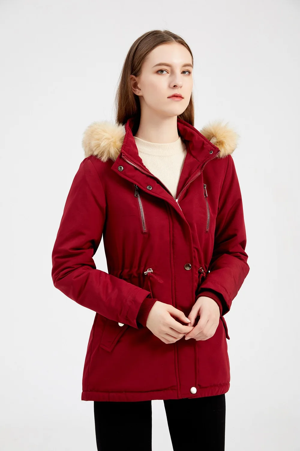 Winter New Arrival Women's Dark Brown Hooded Mid-Length Coat, Stylish and Warm Thick Jacket. Khaki, Black, Blue, Pink Parkas.