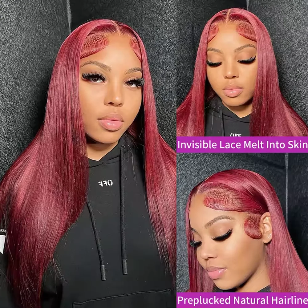 13x4 بورجوندي مستقيم الدانتيل الجبهة الباروكات شعر الإنسان مستقيم Hd الدانتيل الباروكات الأمامية الملونة الأحمر 99J خصلات الشعر المستعار الإنسان للنساء