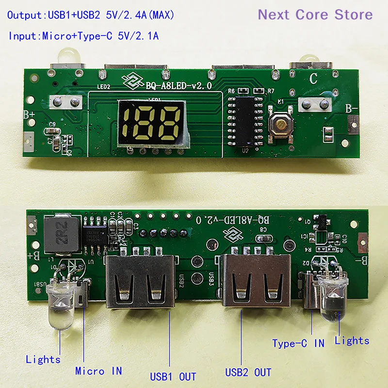 [NC]5V 2A Digital Display Power Bank Circuit Strip Module TYPE-C Micro USB A8188Mobile Power Motherboard[NC]