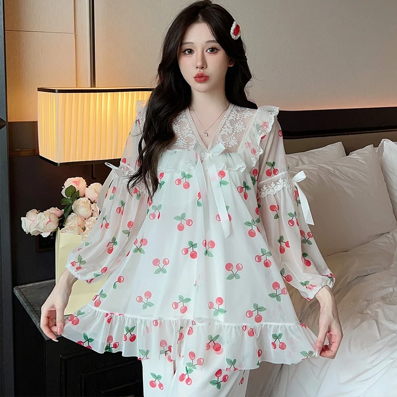 

2023 Autumn Long Sleeve Modal Print Pajama Sets for Women Korean Cute Lace Sleepwear Pyjamas Homewear Pijama Mujer Home Clothes