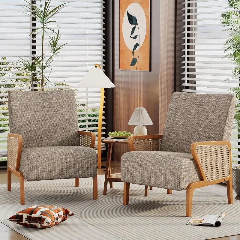 #Upholstered Natural Rattan Accent Chair Comfy Armchair Set of Bedroom Guest Reception Taupe Fabric