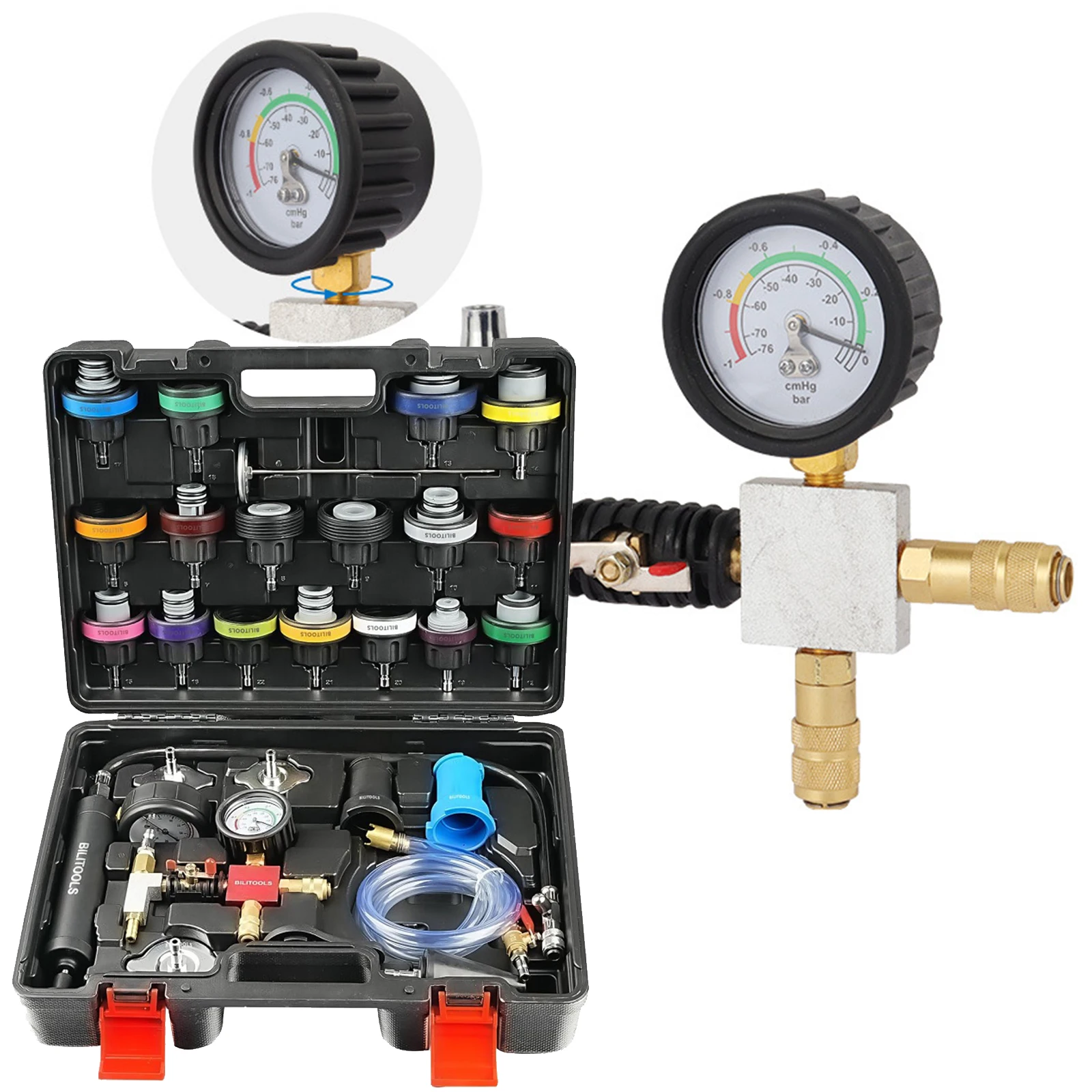 

Coolant Vacuum Refill Tool Kit 28-Piece Universal Fit Radiator Pump Pressure Tester Kit Leak Detection Leak Tester Tool