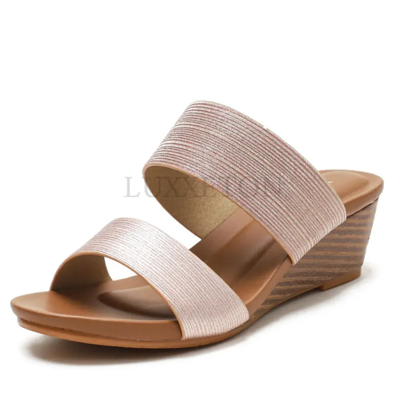 Women Platform Slip On Summer Heeled Mules Shoes Open Toe Wedges Slides Casual Leisure Beach Gladiator Sandals Plus Size 44