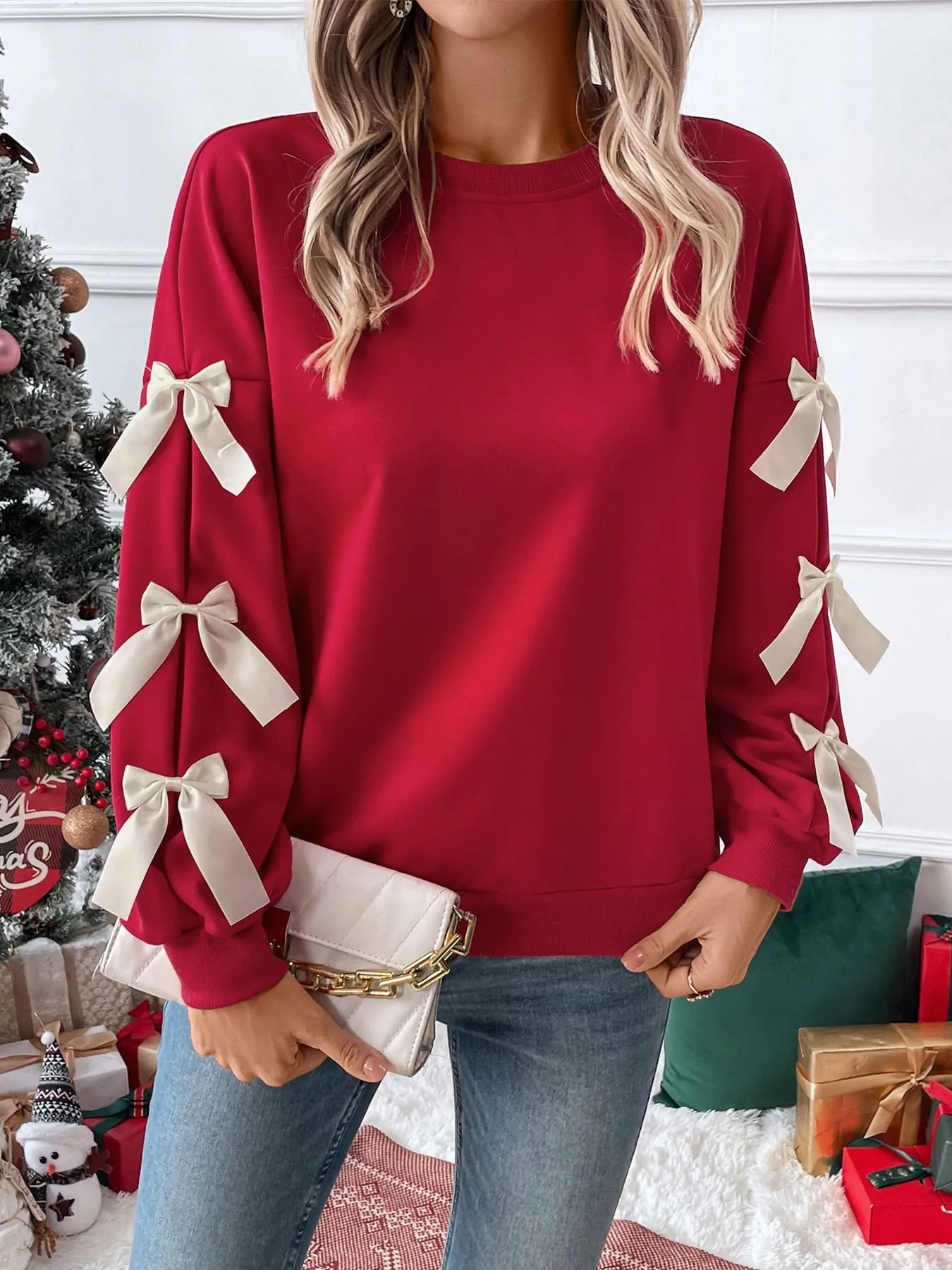 Round Neck Bow Sweatshirt Regular Length Sweet and Fresh with Pullover Patchwork Regular Sleeve Autumn Loose Fit Women Hoodie