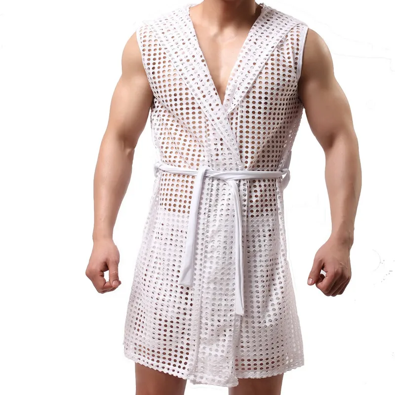 Men\'s Bathrobes Fishnet Mens Kimono Robes Sleepwear Hollow Out Shorts Men Dressing Gown Hooded Sexy Pajamas Home Robe With Belt