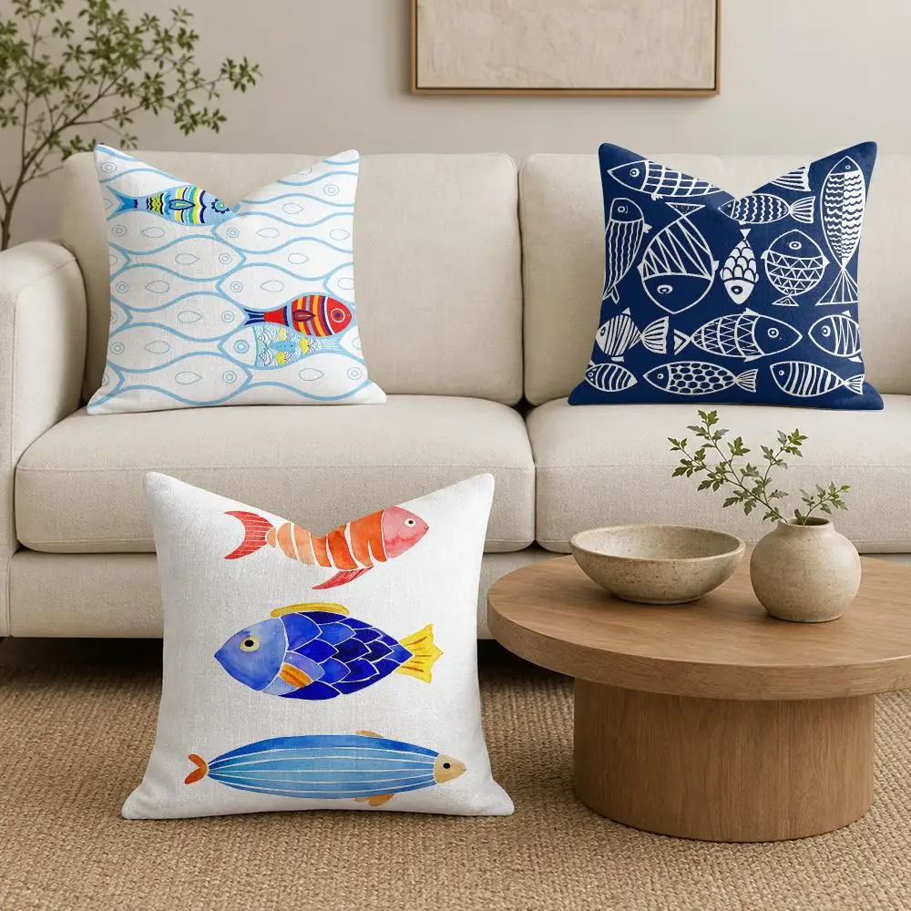 Cute Fish Seamless Cushion Cover Natural Linen Organic Fabric Double-Sided Printing Sofa Home Decor Gift Pillow Cover