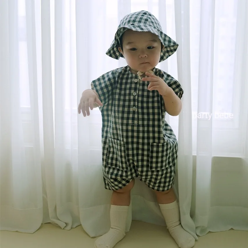 2024 Summer New Baby Sleeveless Plaid Romper + Hat Cotton Infant Boy Plaid Jumpsuit Fashion Baby Girl Casual Clothes