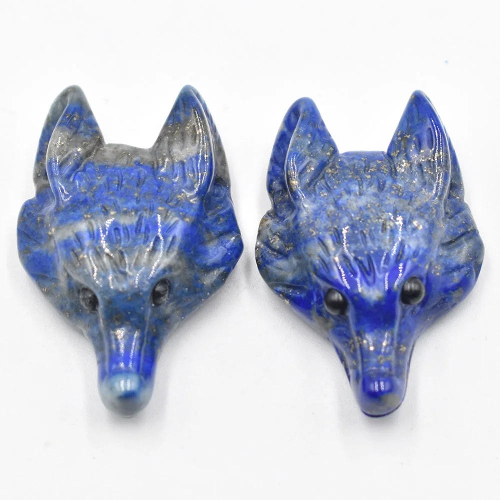 Großhandel 2 Stück/Set Modische natürliche Labradorit-Lapislazuli-Anhänger in Wolfskopfform für die Schmuckherstellung von Halsketten. – Detail 5