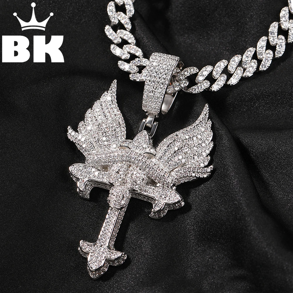 THE BLING KING Born 2 Chaos Pendant Necklace Men's Iced Out Cubic Zirconia Wings Cross Charm CZ Hip Hop Jewelry For Rapper Party