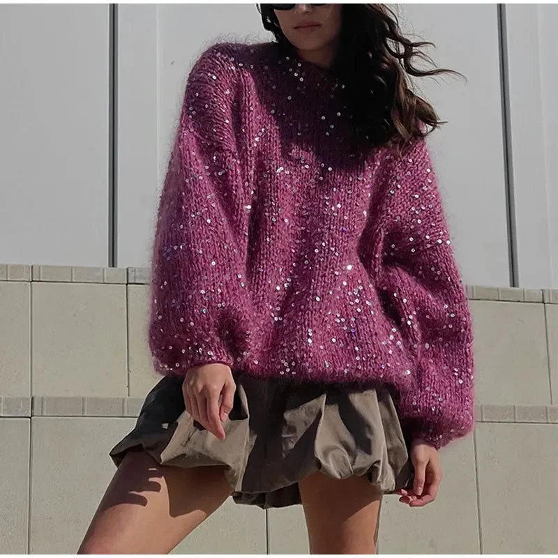 

TARUXY Fashion Sequined Mohair Sweater Women's New Loose O-neck Lantern Long Sleeve Glitter Knitted Pullover Sweater Streetwear