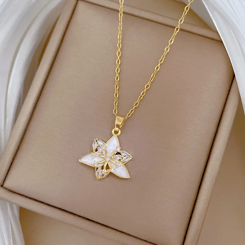 Fashion Fine Micro Set White Oil Drop Charms Reflective Flower Necklace Classic Personalized Stainless Steel Party