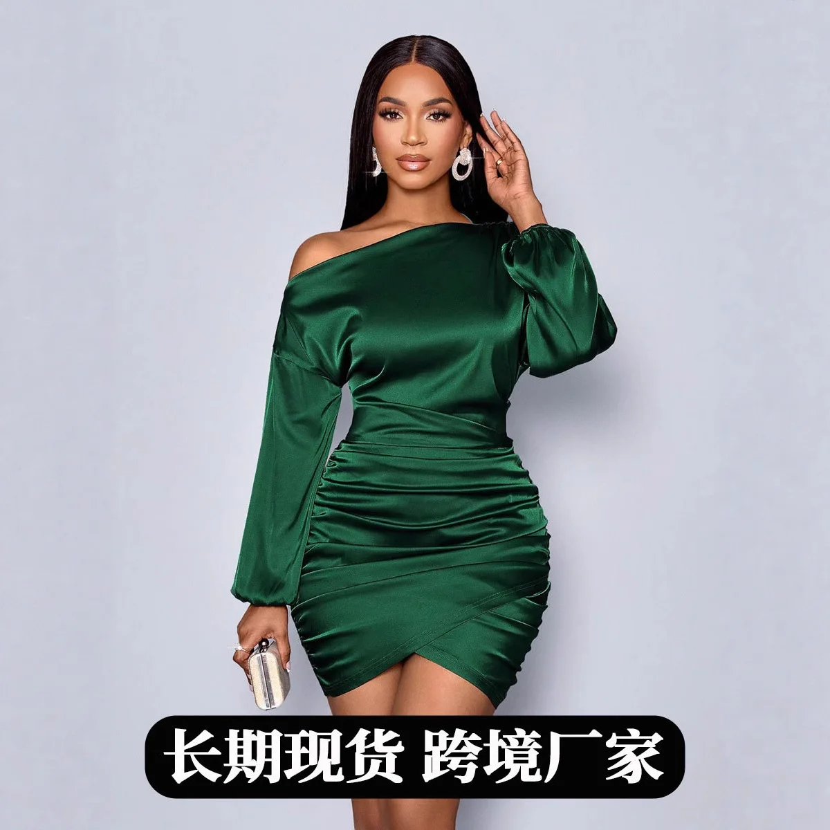 

2025 Autumn New Satin One-Shoulder Long Sleeve Dress | Sexy European American Style Women's Bodycon Midi Dress - Best Seller