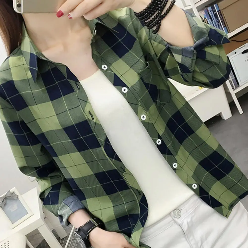 Modern  Lady Blouse Lapel Collar Plaid Print Women Shirt Soft Comfortable Women Shirt Female Clothing