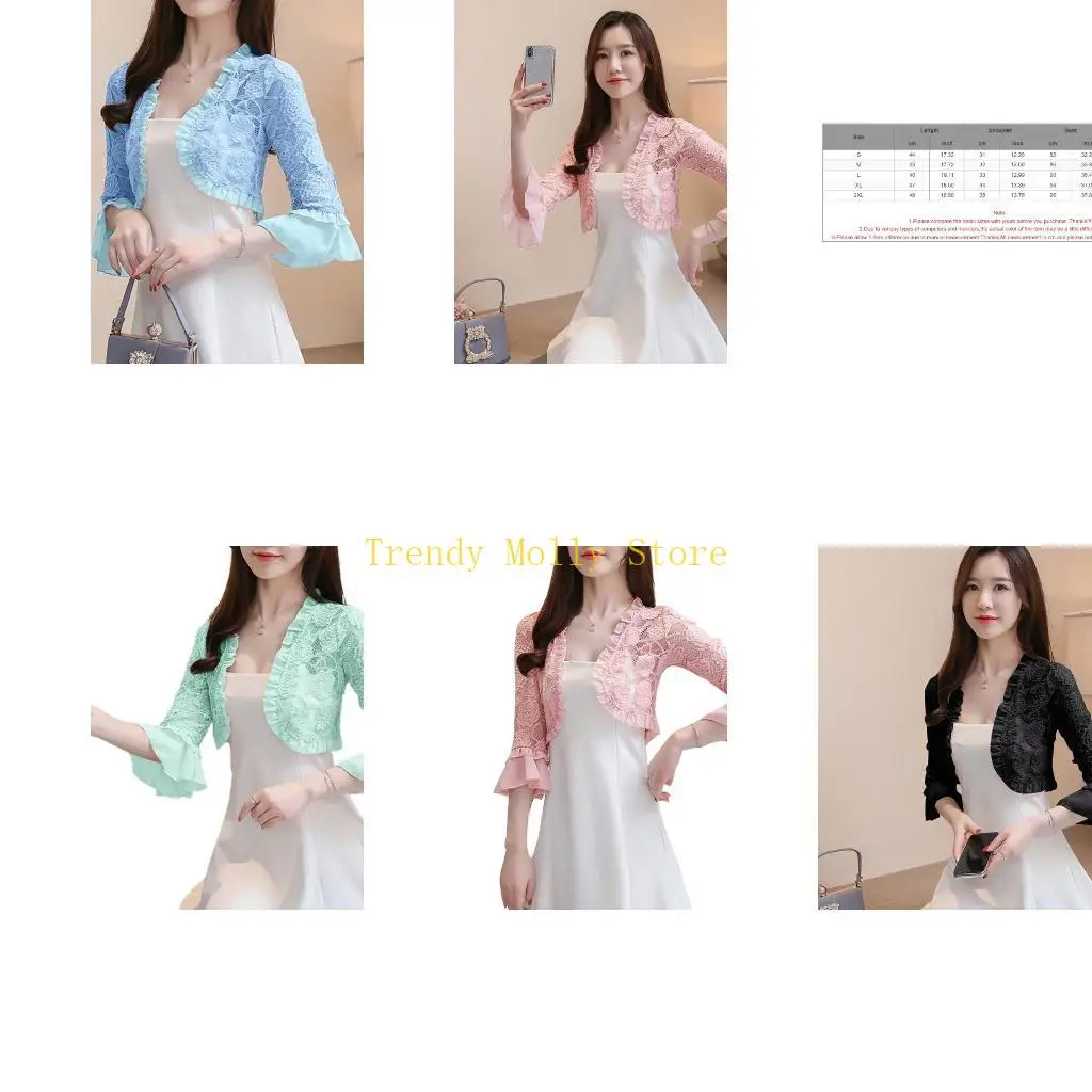 

N5KB Женщины лето коротко короткие открытые передние три четверти рукава цветочные кружевные топы