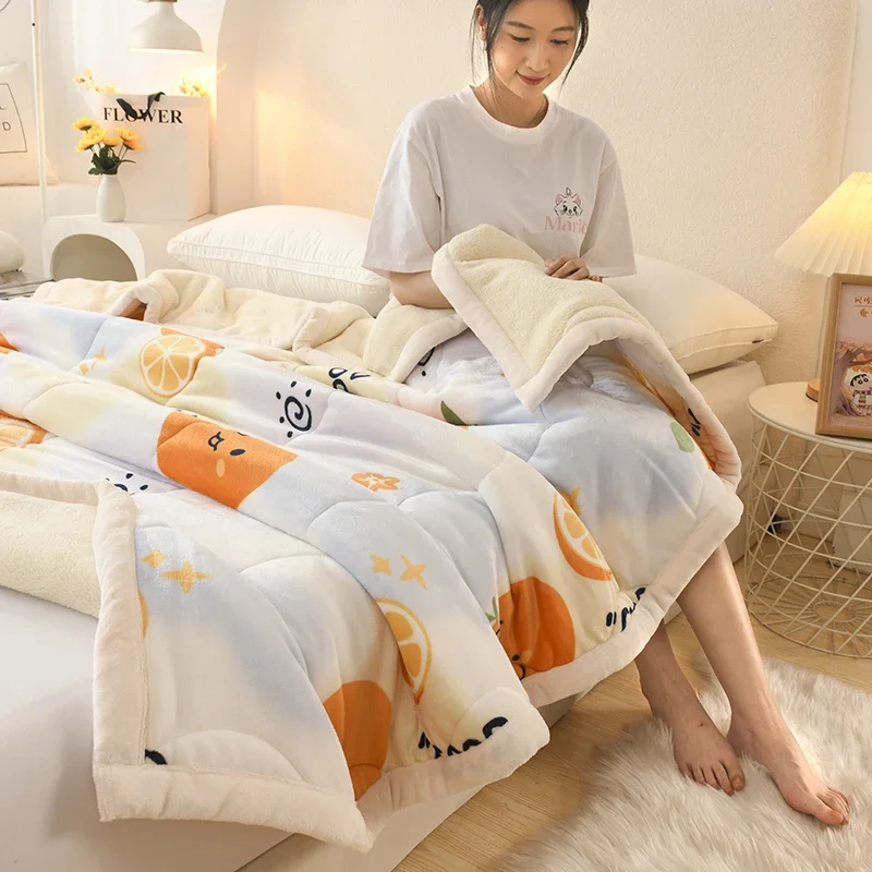 Thick Warm Sherpa Fleece Blanket Cute Orange Fruit Print Soft Plush Quilt Spring Autumn Faux Lambswool Bed Sofa Throw Blankets