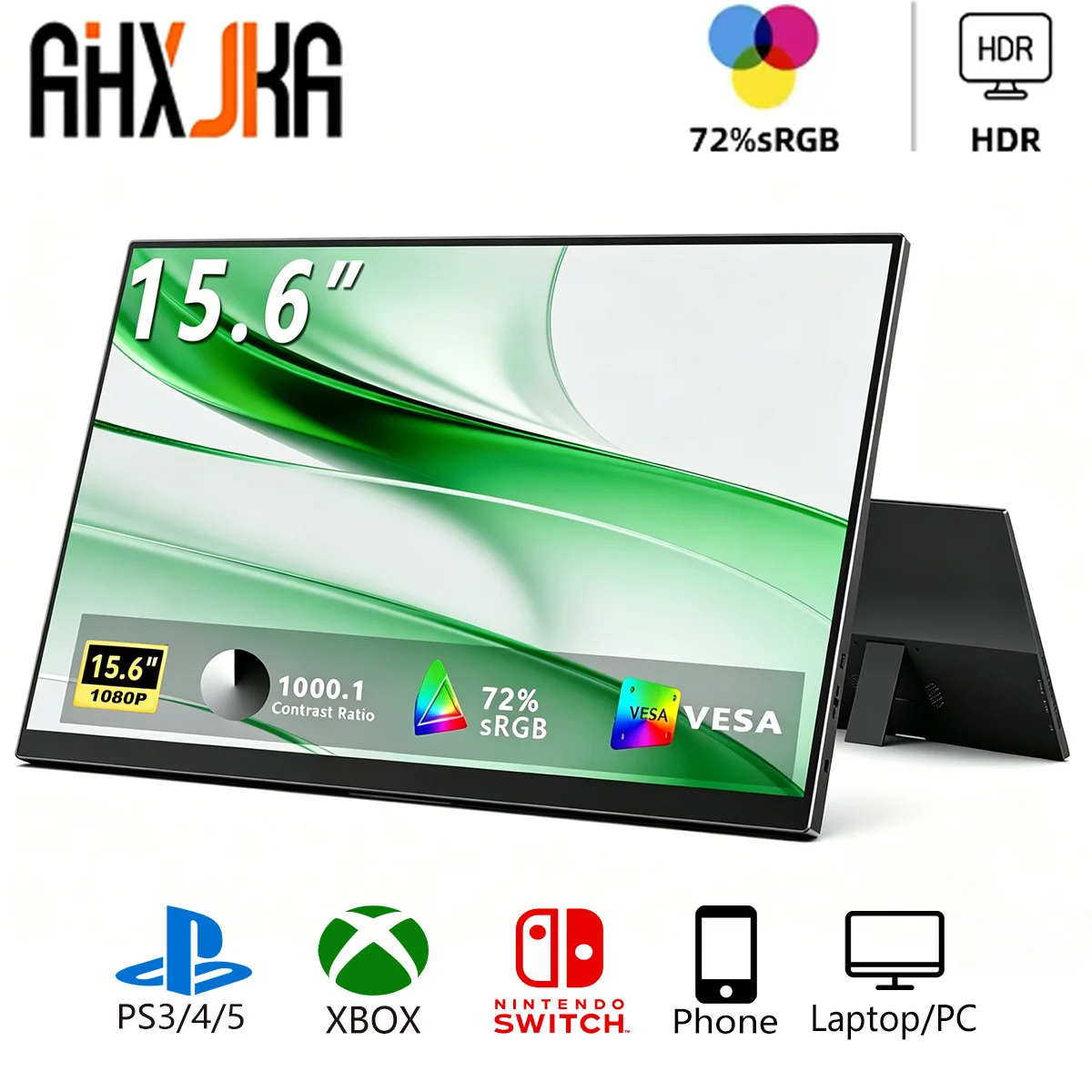 15.6" Portable Monitor 1920x1080 IPS 60Hz HDR Dual Type-C Mini HDMI Ultra-Slim External Screen for Laptop PC PS5 Switch Gaming