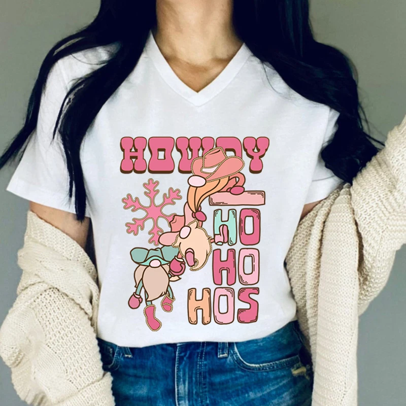 Woman T-shirts Howdy Christmas Gift Western Cowgirl Classic Tops Pink Retro Christmas Cowgirl T-shirt V-neck Women's Clothing