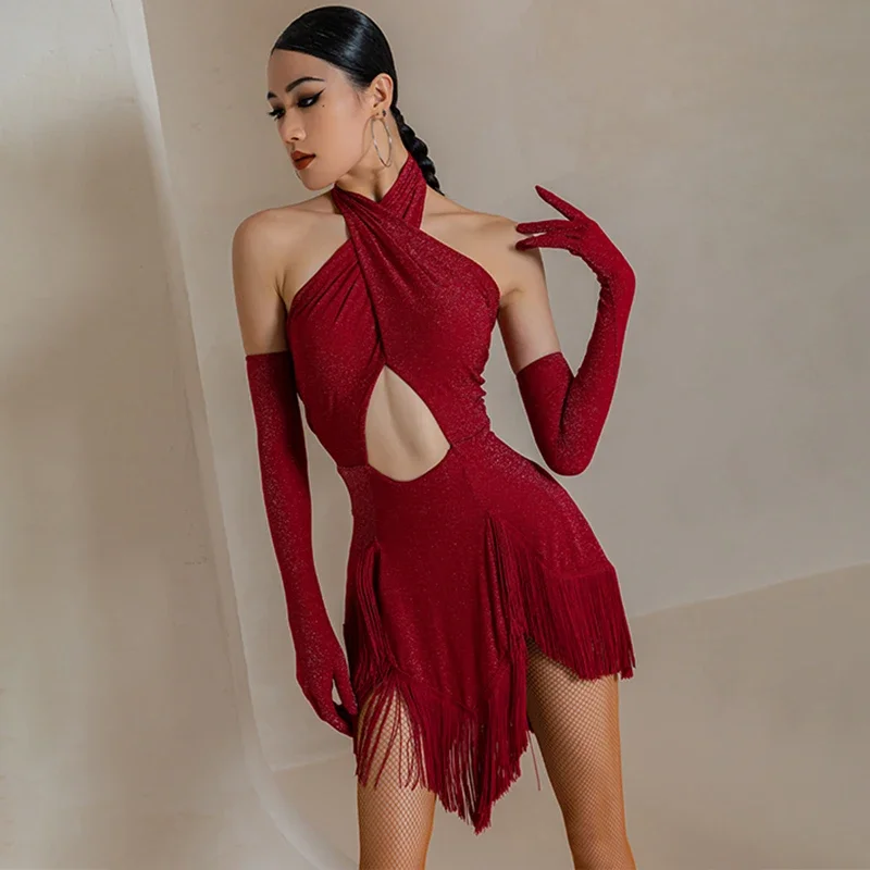 Women Sexy Fringed Dance Dress Halter Neck Rumba Cha Cha Dance Performance Costume Wear Red Latin Dance Competition Dress