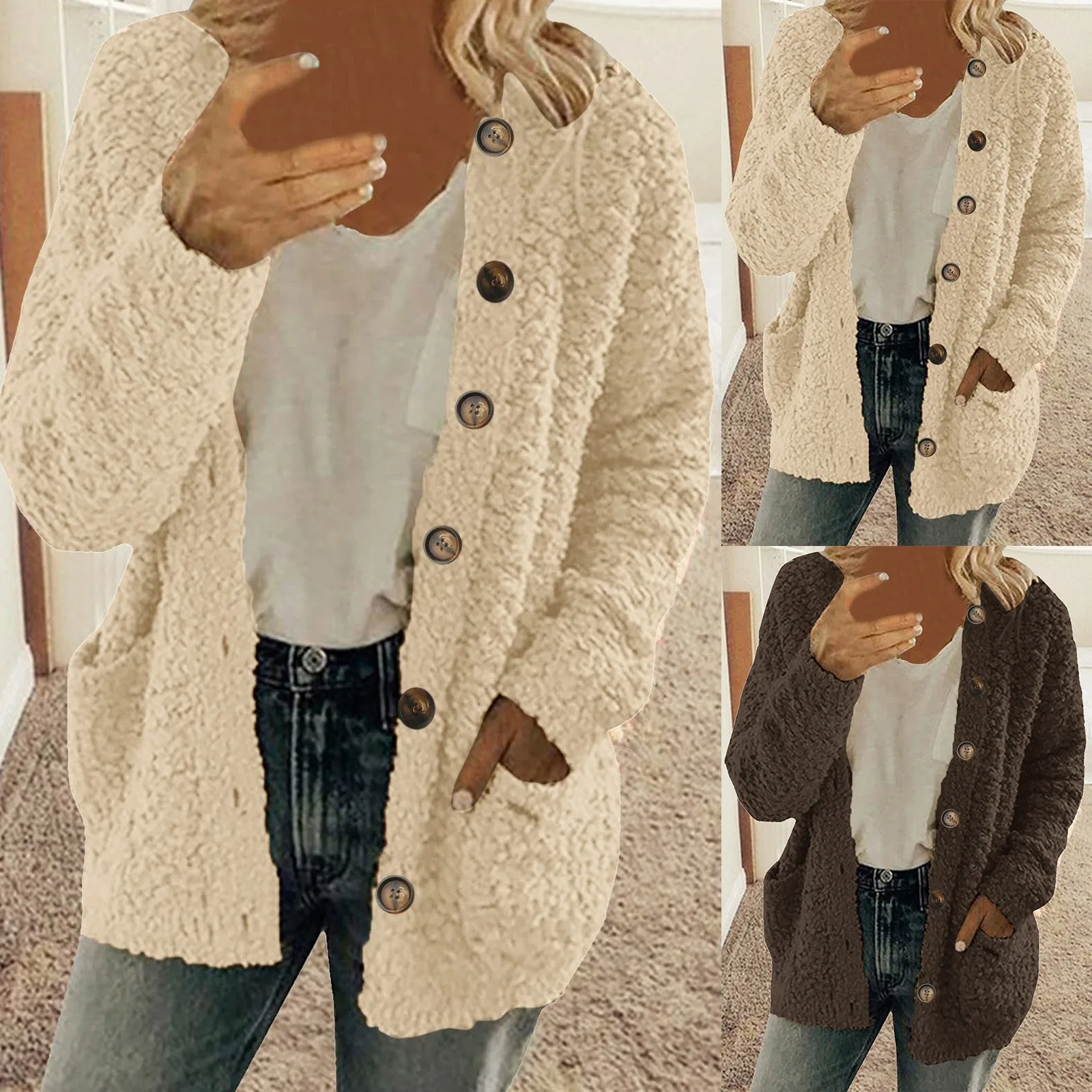 Women Thicken Warm Casual Sweater Pockets Outerwear Buttons Quilted Jacket Cardigan Cashmere Coat Cardigan Sweaters For Women