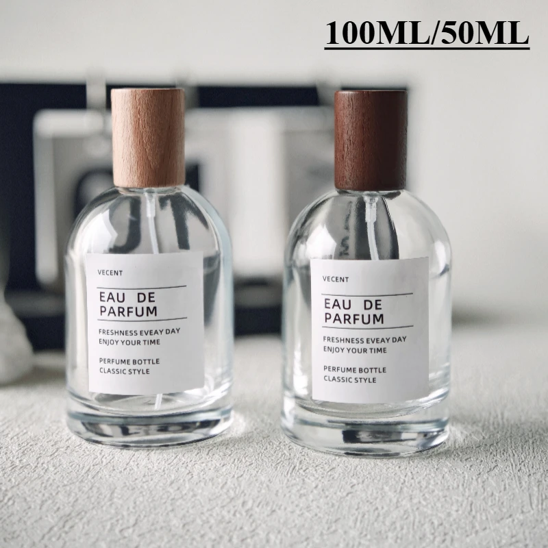 100ml 50ml Transparent Thick Glass Perfume Spray Bottle with Wood Cap Empty Perfume Atomizer Portable Square Refillable Bottles