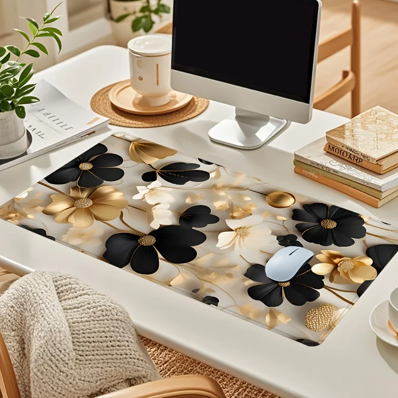Extra-Large Floral Art Gaming Mouse Pad - Black & Golden, Non-Slip Rubber Base, Stitched Edges, Smooth Surface Desk Mat for Home