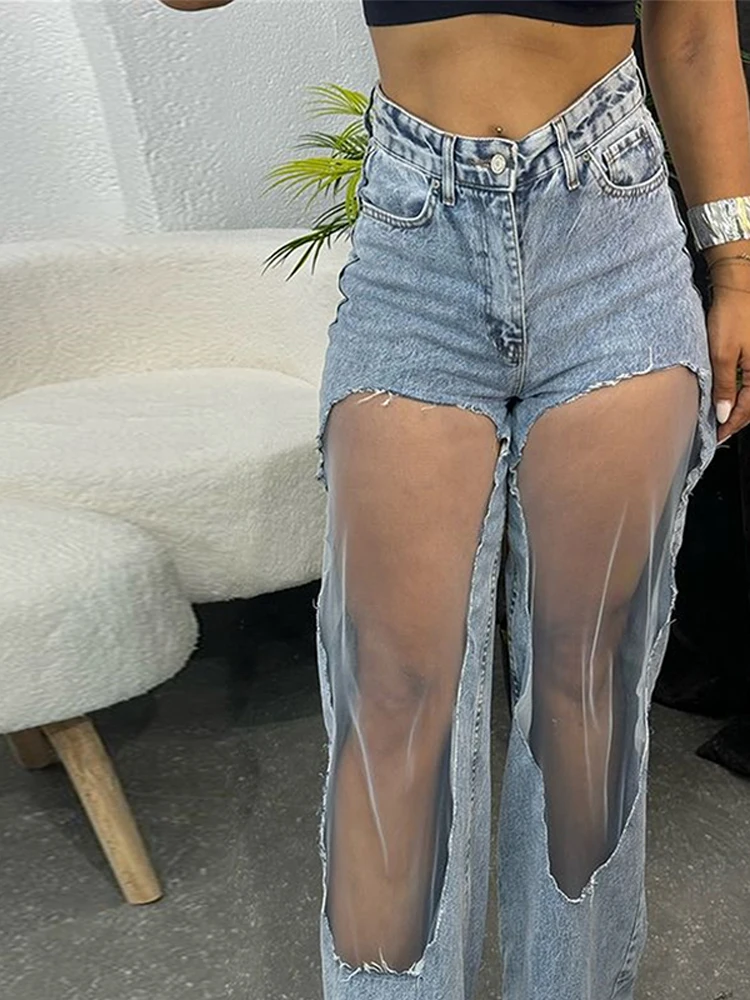 

Woman Hollow Mesh Jeans Fashion Female Patchwork High Waist Straight Trousers 2025 Summer Y2K All-Match Street Denim Pants
