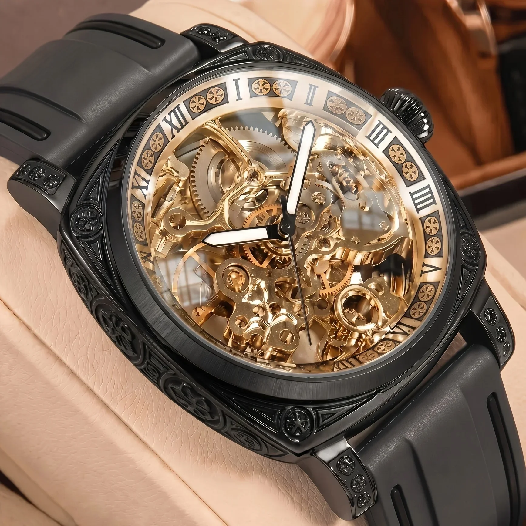 1pc Men's Golden Green Tape Retro Style Noble Fashion Carving Flywheel Luminous Automatic Mechanical Watch