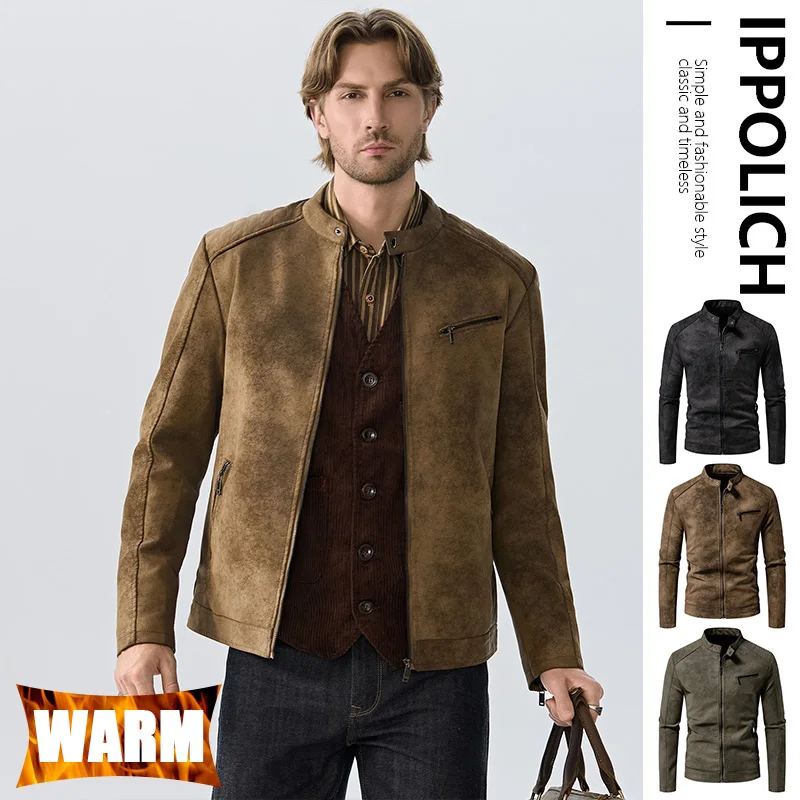 Men's PU Leather Jacket Faux Fur Leather Jacket Thickened Plush Autumn Winter Warm Leather Jacket High-End Business Leather Coat