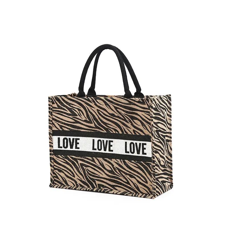 2022 Cotton Linen Bag Jute Full Version Portable Rough Shopping Large Capacity Retro Leopard Print Travel Fashion Women\'s Bag