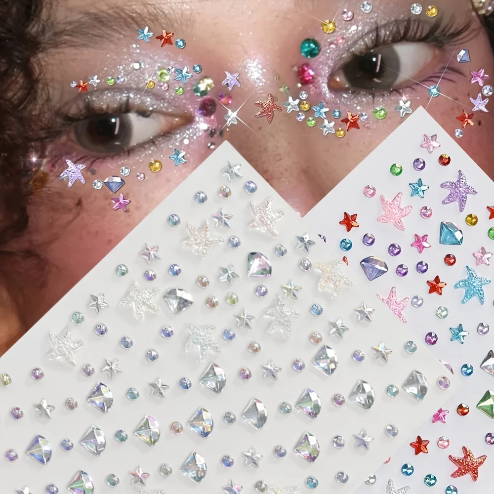 2 Sheets Colorful Rhinestone Face Stickers, self-adhesive starfish & diamond gems, for music festival face & body decor.