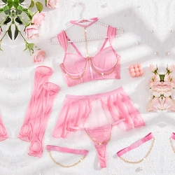 New Kawaii Pink Sexy Chain Thong Bra Set 2000s Trend Neck Underwear Set Lingerie Young Women Corset Clothing Set Ladies