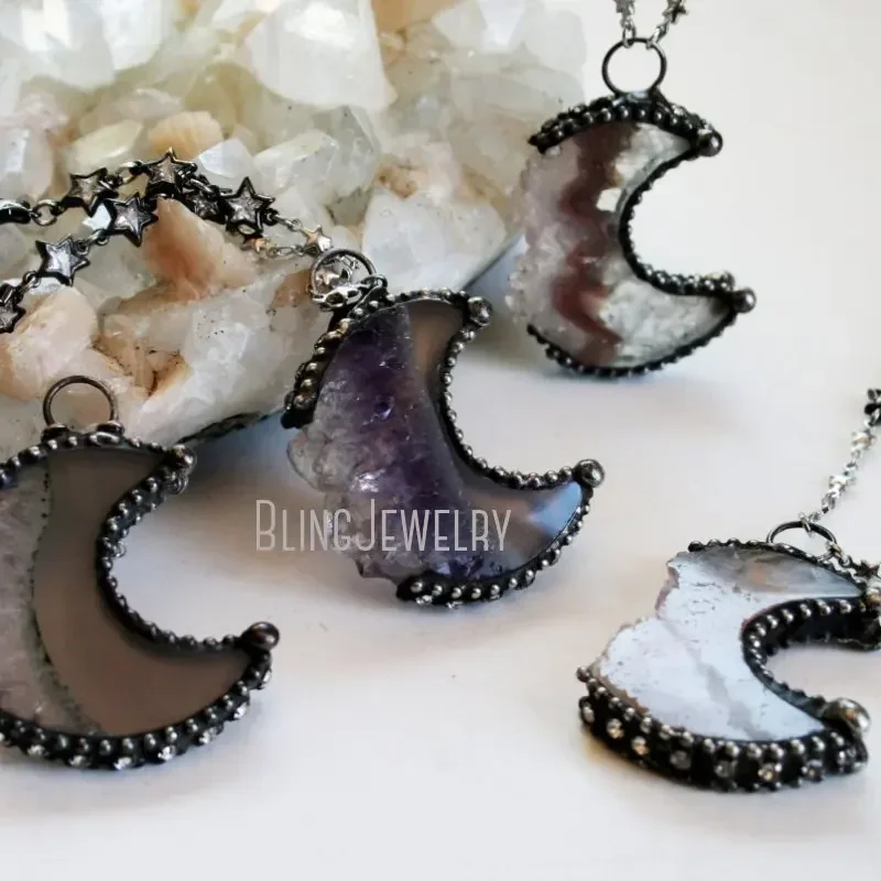 10pcs Witchcraft Amethyst Crescent Moon Arcane Collar Necklace Crystal Talisman Stone Lunar Witch Goth Boho Emo Tiki Jewelry