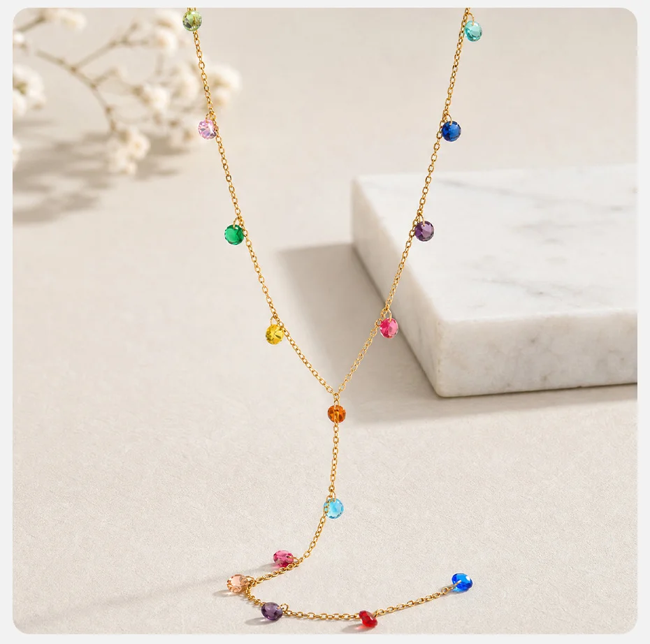 Vnox Süße Vergoldete Bunte Zirkonia-Halskette für Damen, Edelstahl Y-Form Lange Quaste Zierliche Lariat-Schmuckstücke für Partys – Detail 6