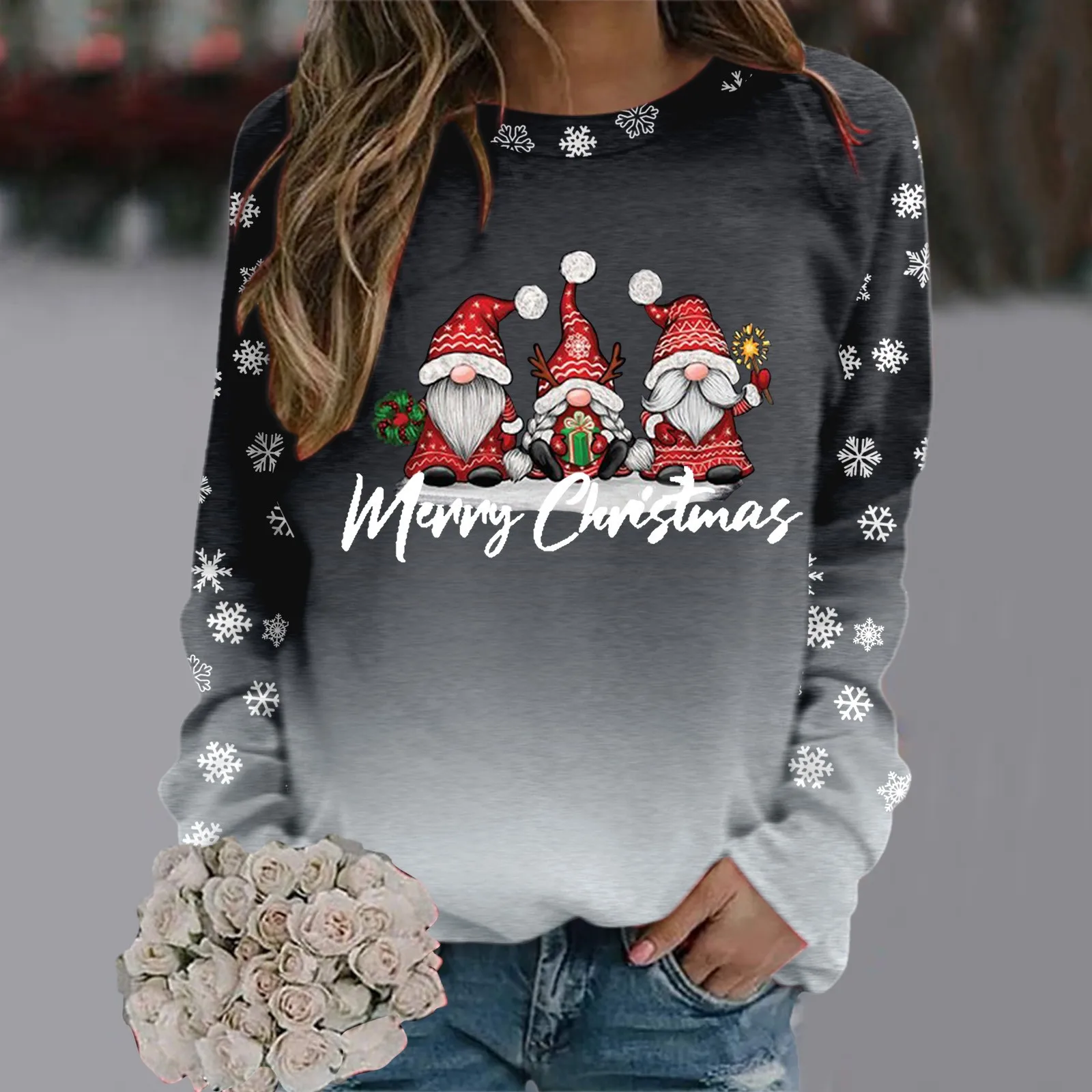 2024 Autumn Pullover Tops Christmas Snowflake Letter Print Gnome Graphic Casual Women\'s Clothes Long Sleece Crewnecek Sweatshirt