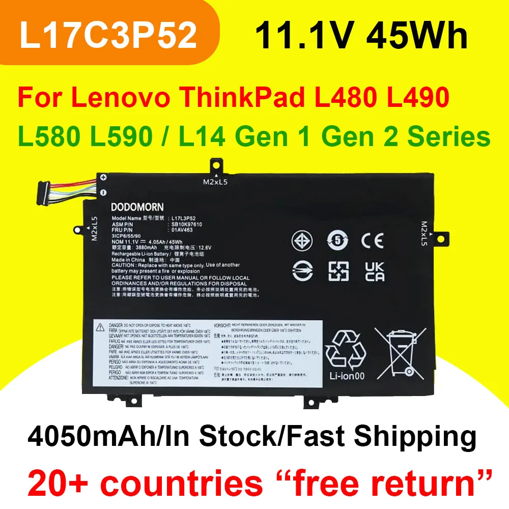 L17L3P52 01AV463 For Lenovo ThinkPad L480 L490 L580 L590/L14 Gen 1 Series L17C3P52 SB10K97610 Laptop Battery 11.1V 45Wh 4050mAh