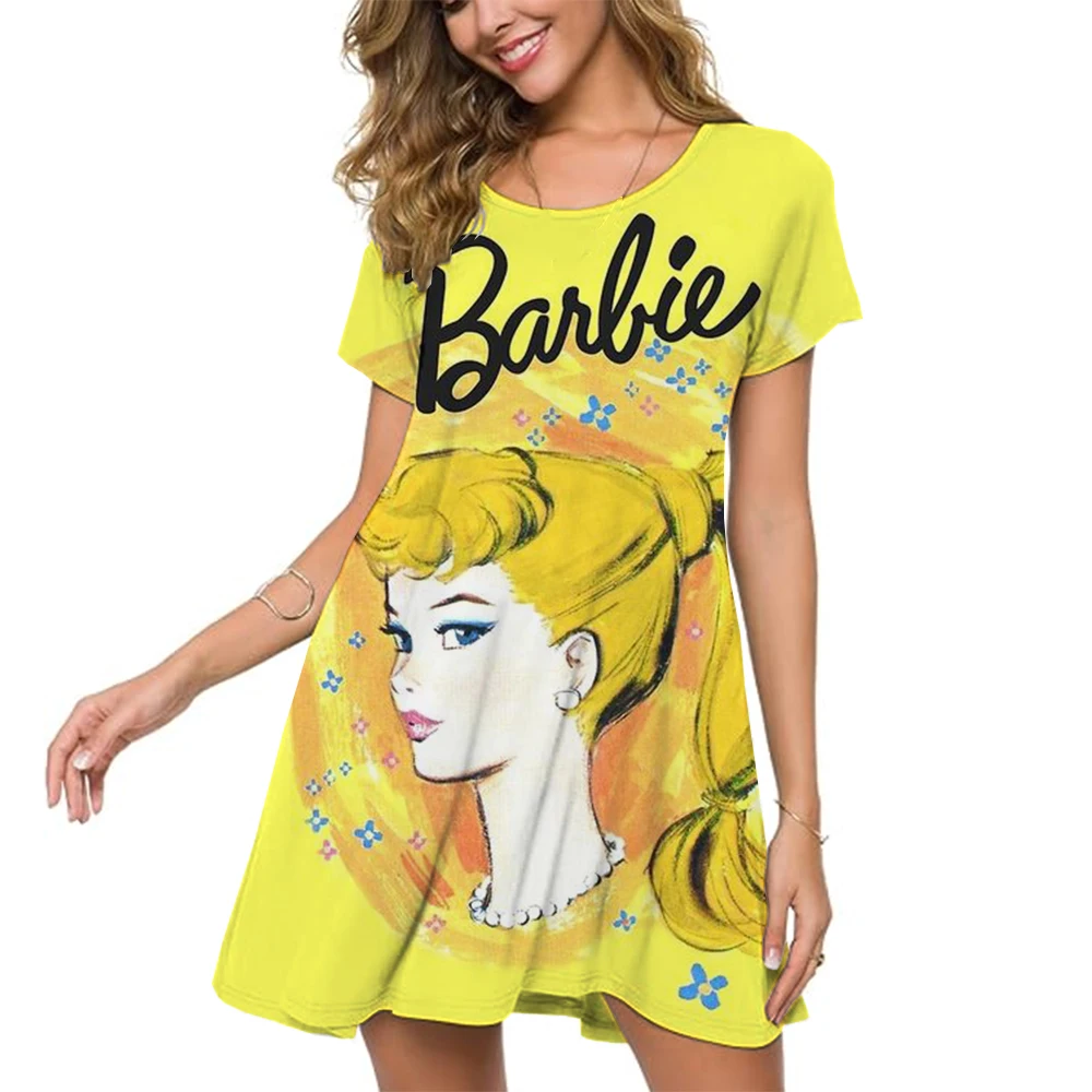 

Elegant Party Women Dress Loose O-Neck Short Sleeve Casual Barbie Print Dresses Summer Barbie Pattern Mini Oversized Clothes