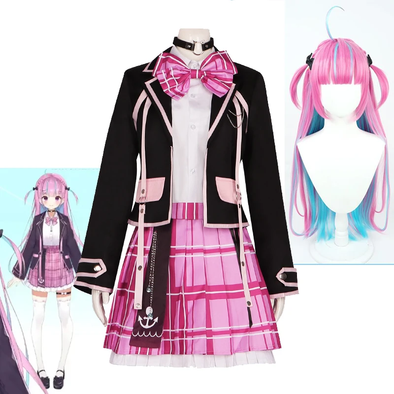 Vtuber Minato Aqua Cosplay JK Uniform Skirt Hololive Aqua's Costume Cosplayer Wigs Halloween Virtual YouTuber Stage Costumes