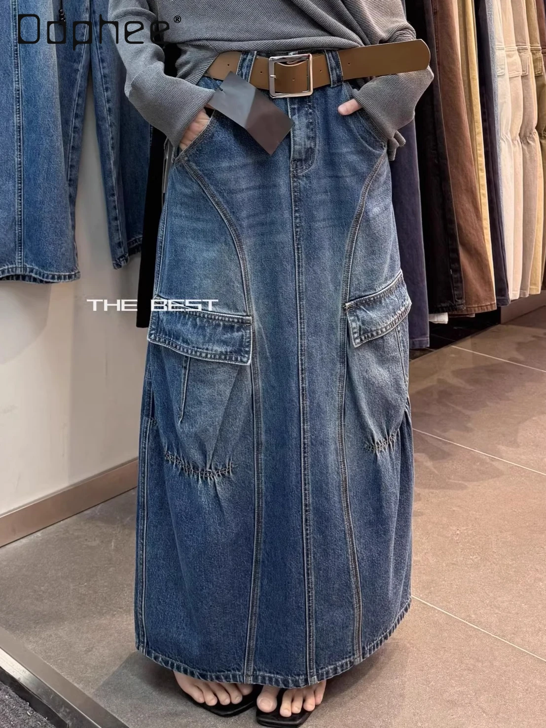 

Korean Chic Hot Girl A-line Mid-length Skirt Commuting Style High Waist Large Pocket Street Versatile Slit Denim Skirt Women