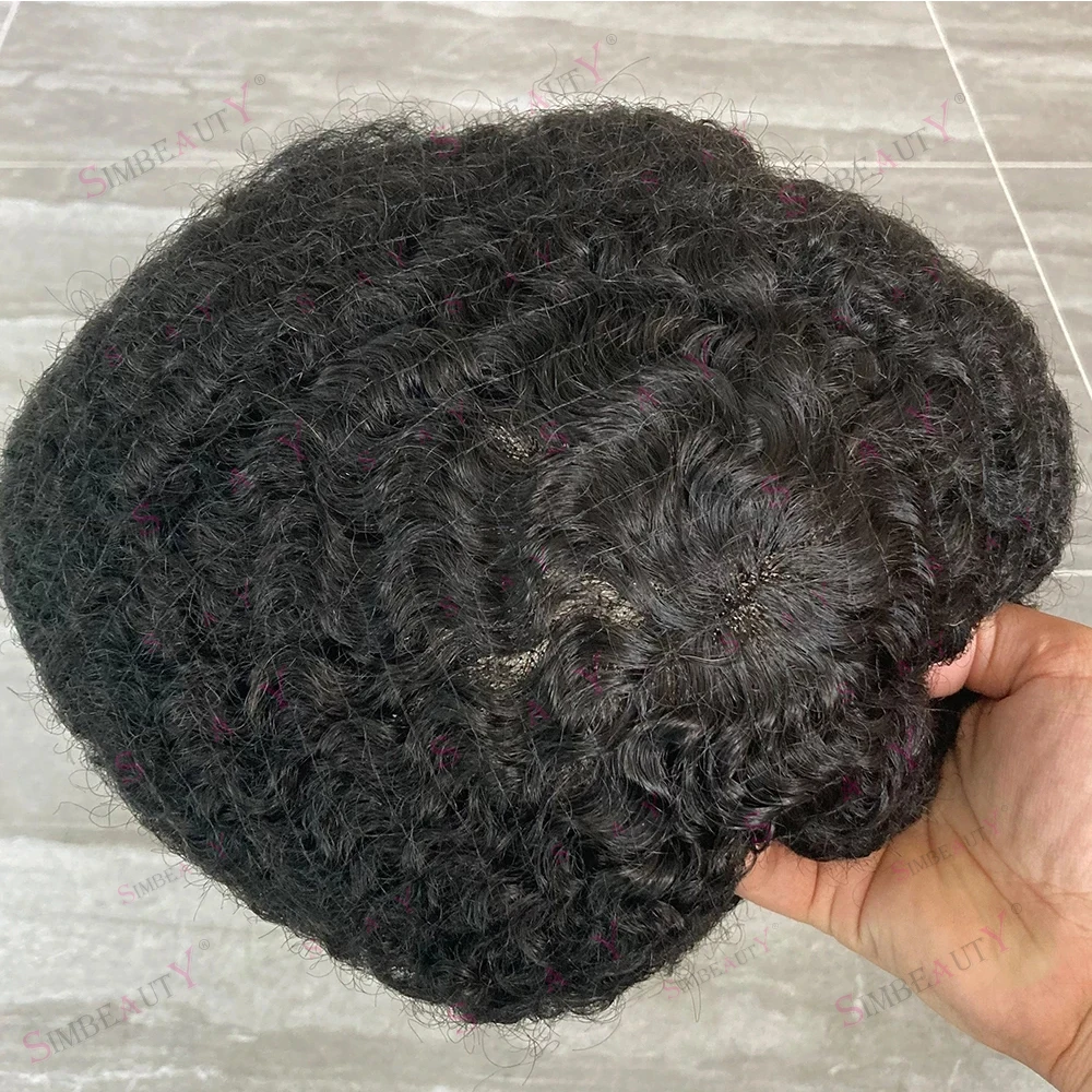 Rambut palsu pria alami ikal dalam 10mm rambut palsu pria Super tahan lama 100% rambut manusia Wig 360 gelombang penuh Swiss simpul diputihkan Prosthesi