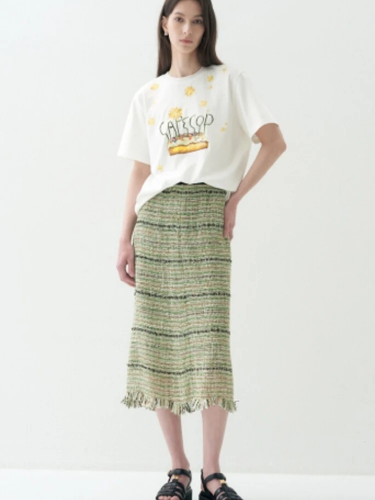 

High Waist Cotton Tweed Midi Straight Skirt Korean Style Commute Daily Versatile Fringed Half Body Skirt for Women
