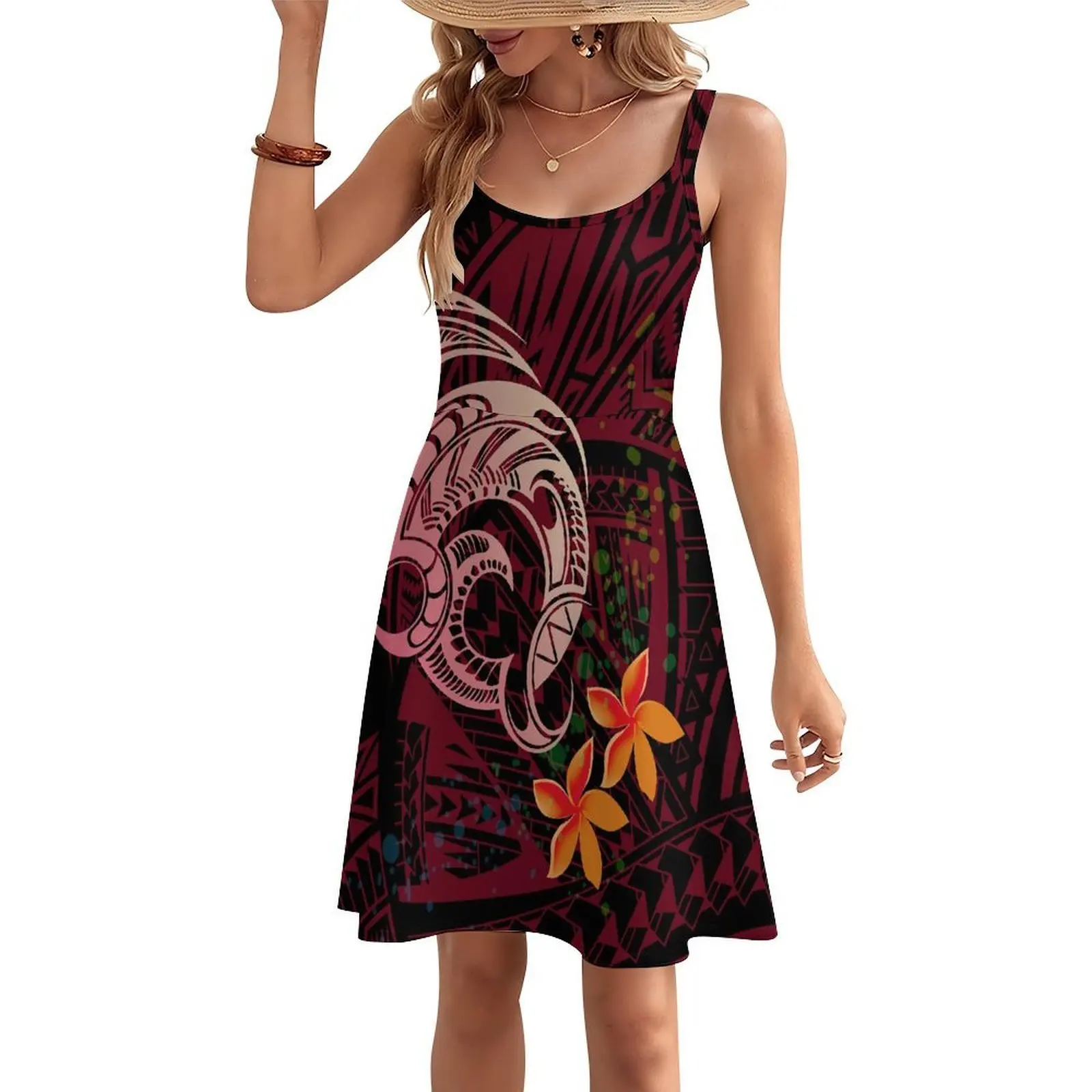 

High-Quality Vintage Floral Print Custom-Patterned Polynesian Women'S Bandeau Beach Dress In Hawaiian Style Swimsuit Design
