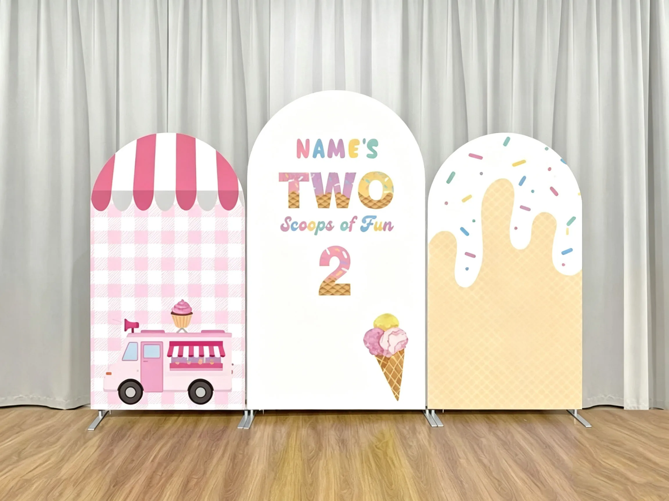 Custom Double-Sided Two Scoops of Fun Baby Shower Arch Backdrop Cover Ice Cream Pink Grid Birthday Party Photography Background
