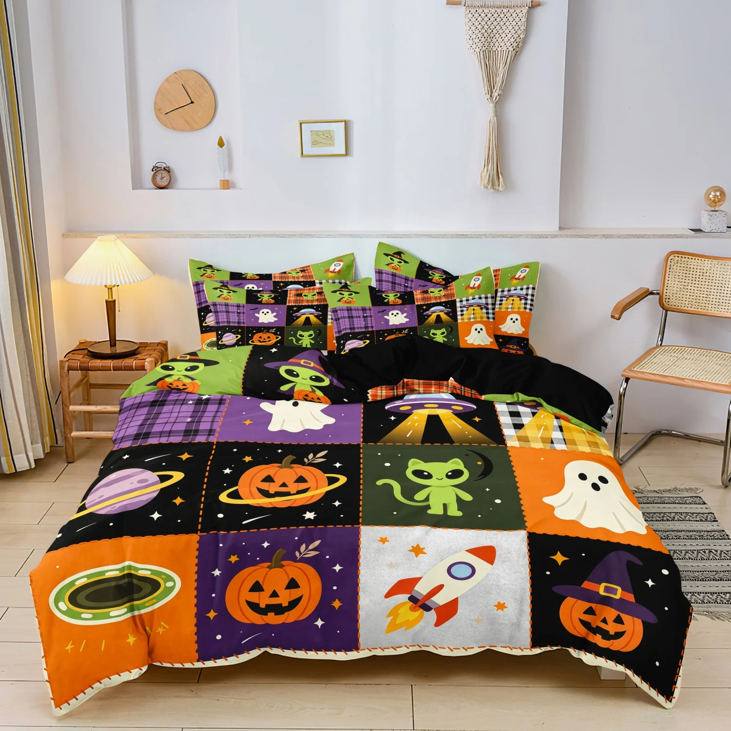 3Pcs Duvet Cover Set, Patchwork Space Halloween Alien Rocket UFO Ghost Pumpkin Planet Plaid Print Bedding, Home Decoration