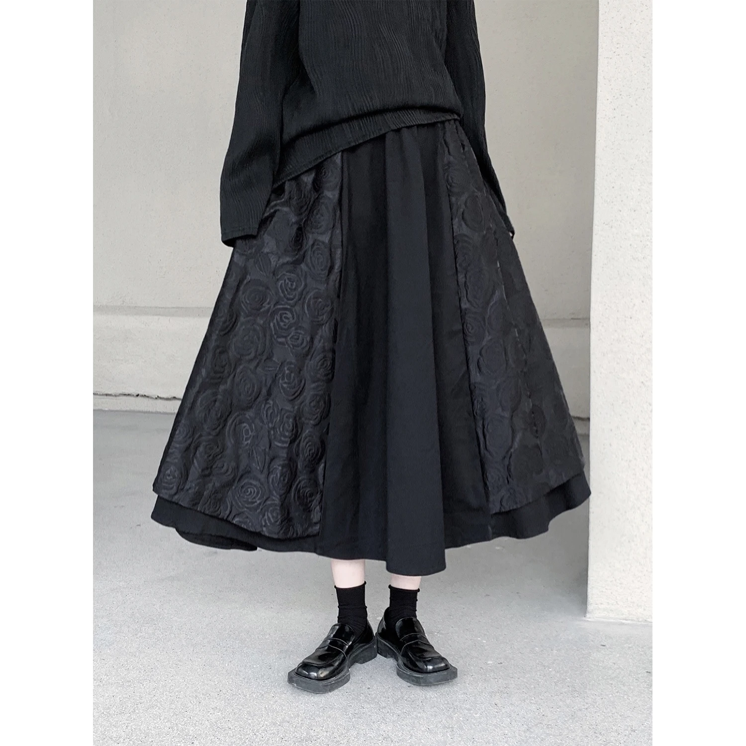 

Design Sensation Floral Embroidery A-Line Skirt Korean Sle Commute mid Waist Long Skirt Pure Color Autumn Faion