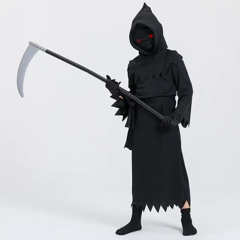 Grim Reaper Costume Cosplay Tuta Occhi rossi Bagliore Prop Falce Abito nero Mantello Guanti Vestiti Halloween Spaventoso Carnevale Dress Up