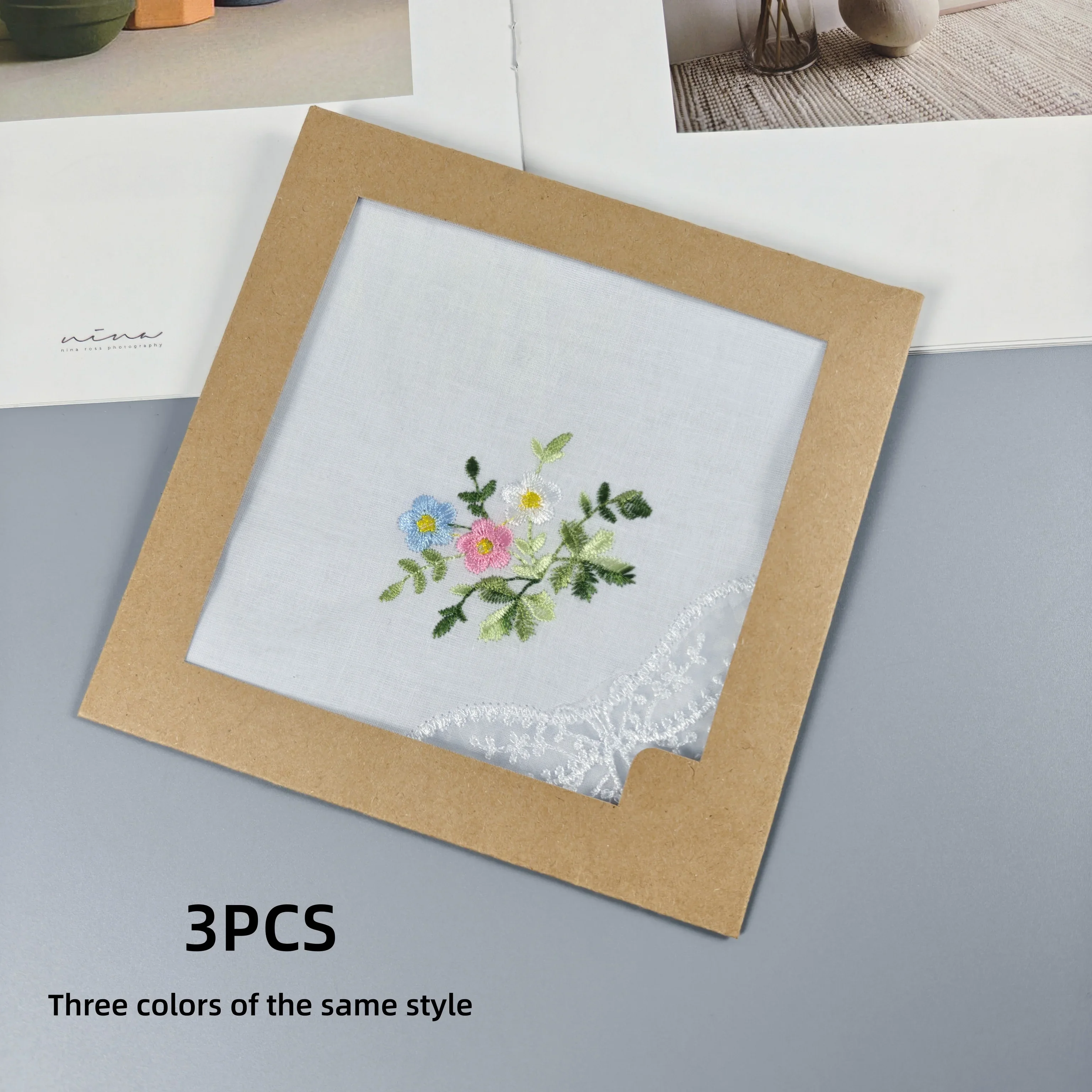3 PCS Thin Pure White Cotton Embroidered Lace Handkerchiefs Gift Box, 28cm/11in, for Wedding & Home Decor