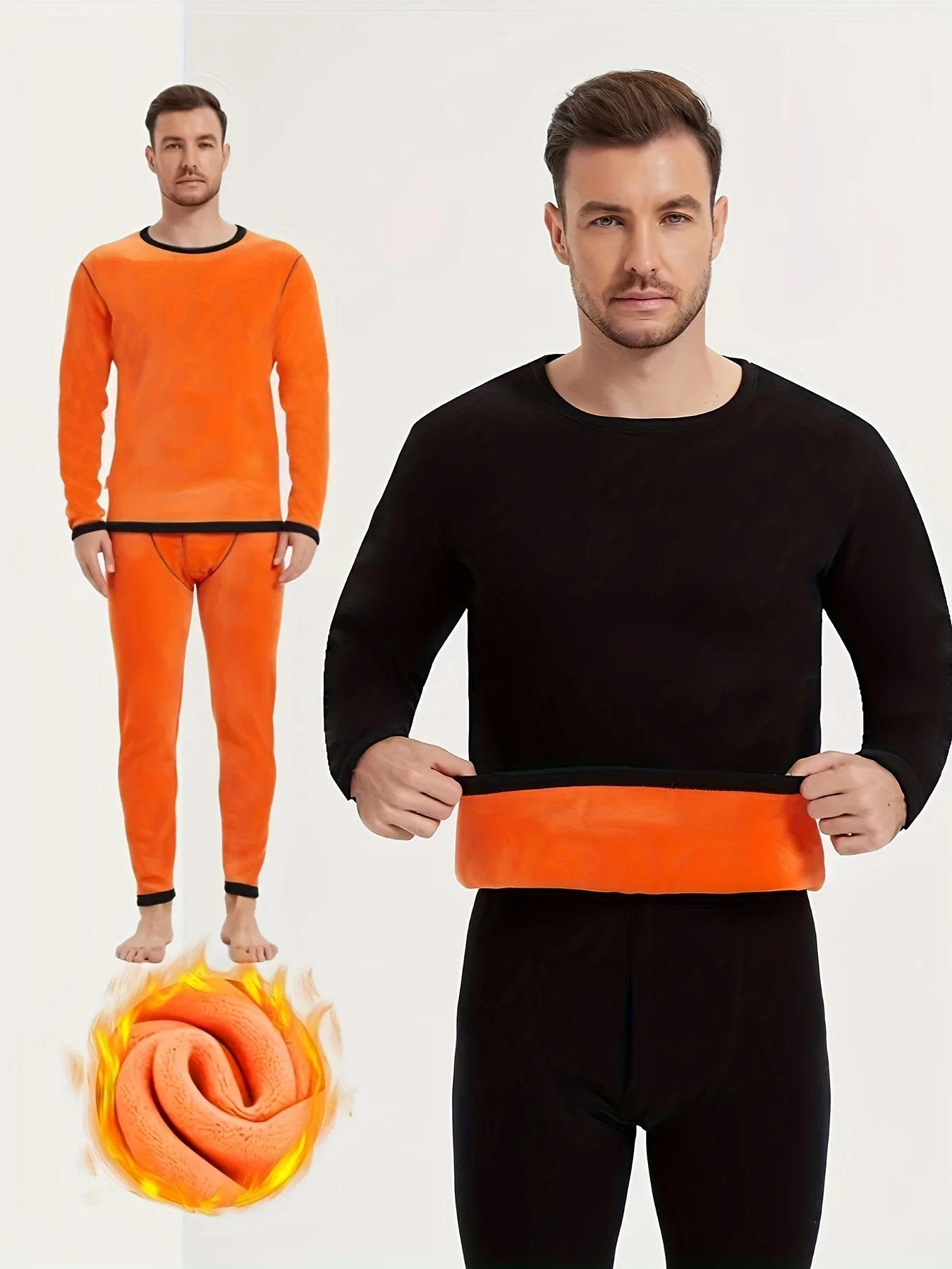

Men's winter fleece-lined thick round-neck solid-colored thermal set with top and pants for cold protection