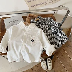 2026 Autumn Girls Boys Casual Embroidery Bear Long Sleeve Cotton Blouse Two Colors 90-140cm