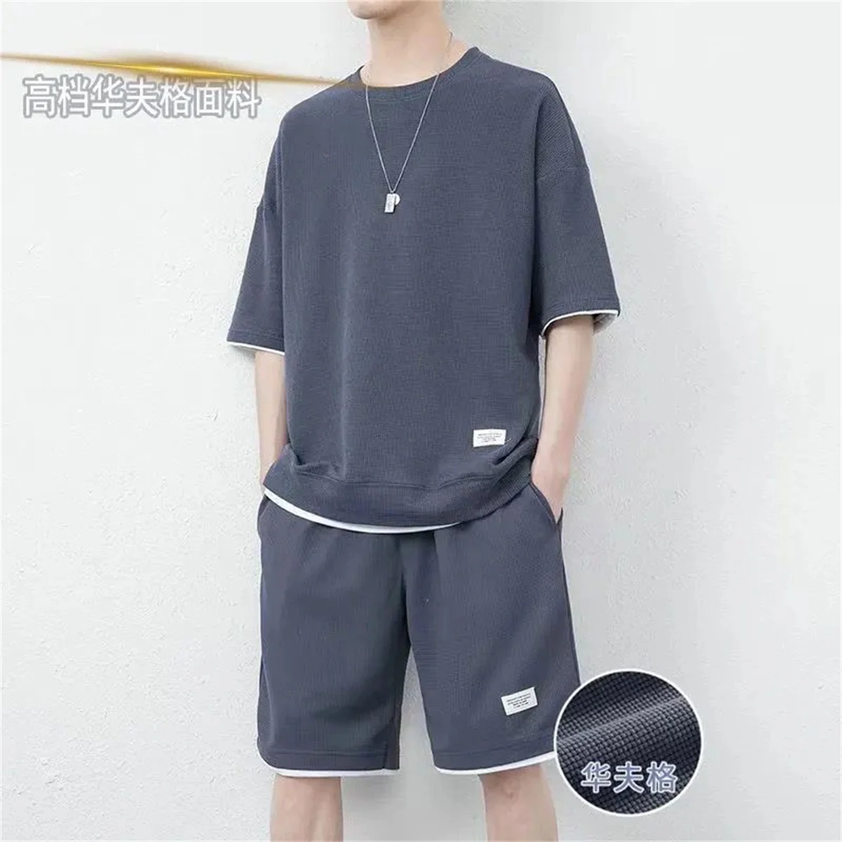 Clothing Summer Sports Suit For Men Comfortable Breathable Mesh Waffle Sets Fitness Tracksuit T-shirt+Shorts Two-Piece Set